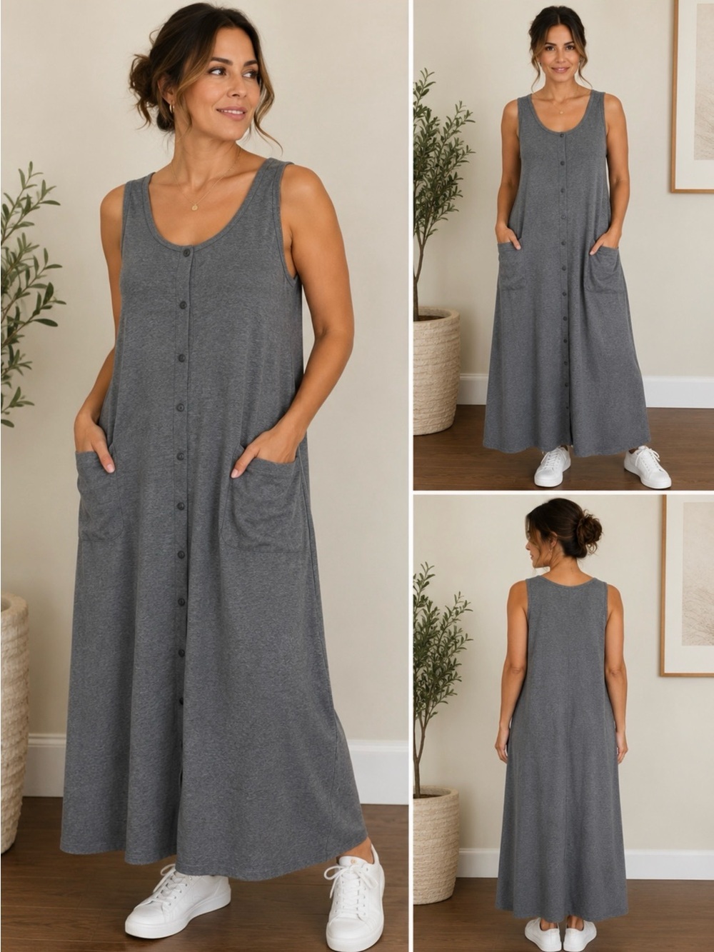 Carole Little Sport Women’s Gray Sleeveless Button Front Maxi Dress Size L